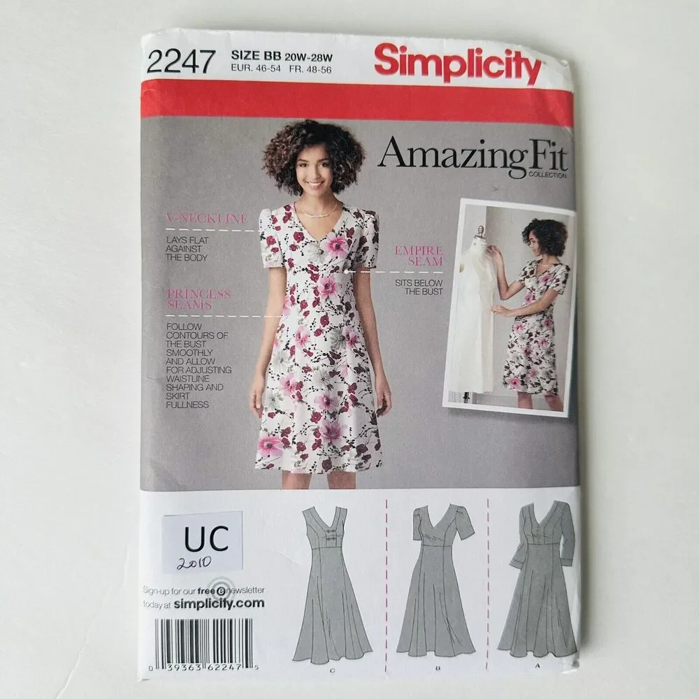 Simplicity 2247 AMAZING FIT Empire Waist Dress Princess Seams PLUS Sz 20W-28W UC